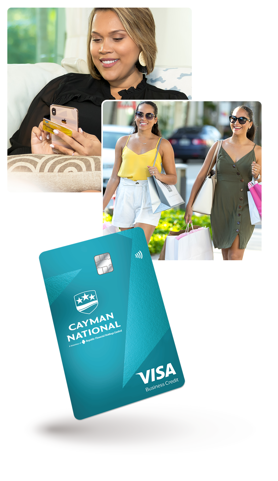 Collage of images featuring two women shopping, a women looking at her smartphone and a credit card render