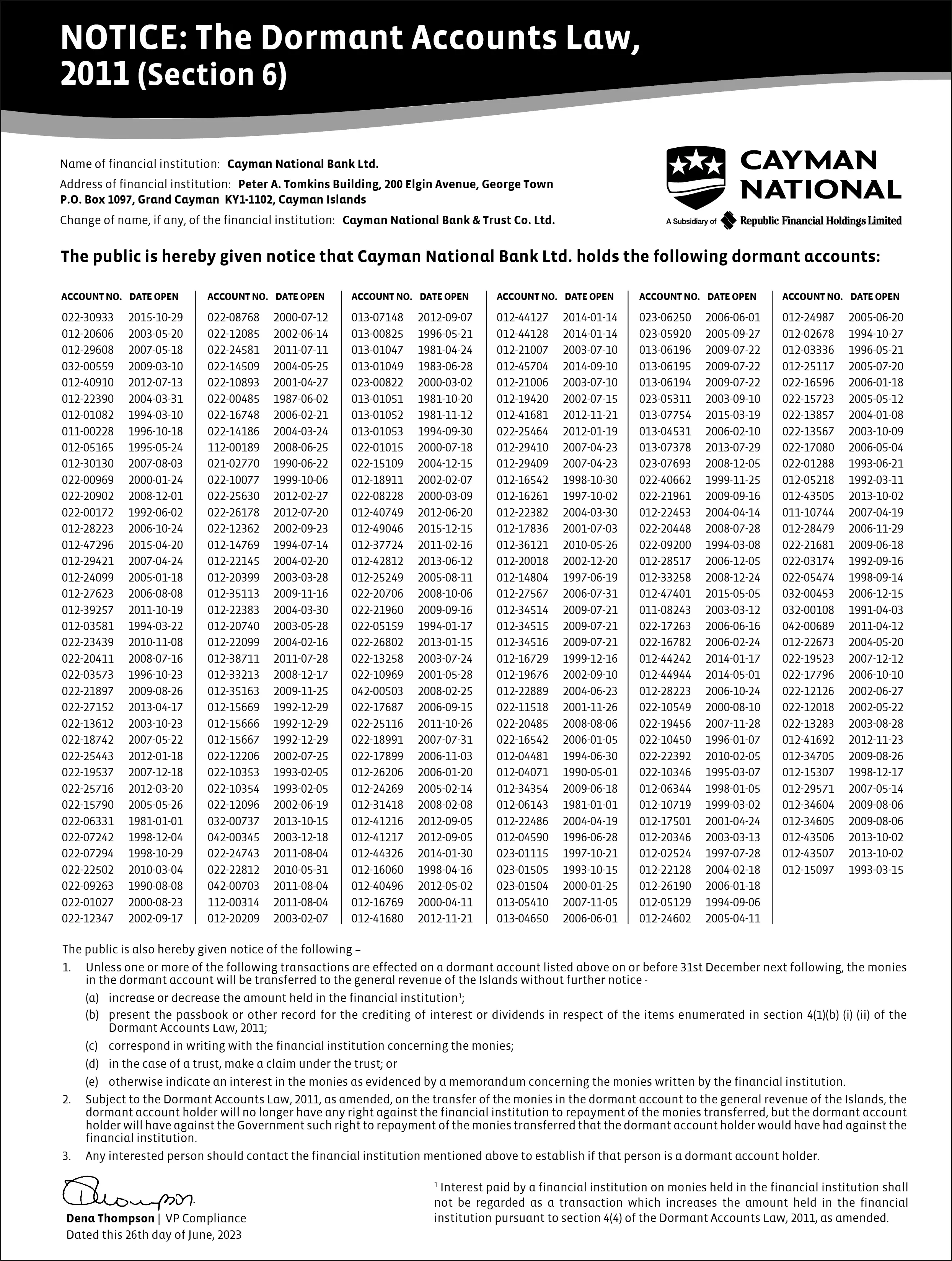 CNB Dormant Accounts Notice June 2023