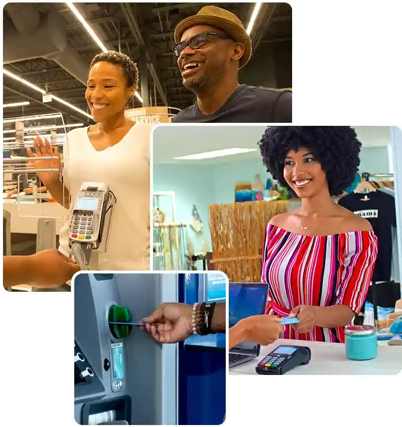 Collage of images featuring women paying at shop with her card, couple at till paying with card, and card in ATM